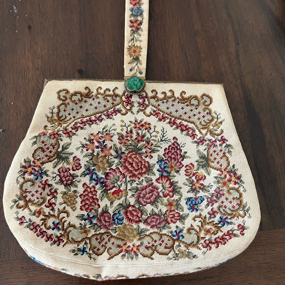 Antique Vintage France‎ Needlepoint Tapestry Evening Purse Handbag w/ Jade Clasp
